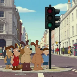 a crowd of wallace from wallace and gromit staring waiting at the traffic light while standing across the street in london, still from aardman animations film