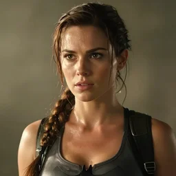 a film still of lara croft as batgirl, her sweat, sun light, close up potrait, cinematic,