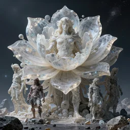 grotesque titan gods translucent flower made from space stones, by rutkowski and giuseppe arcimboldo, james jean and erik jones and rhads, ultradetailed, photorealistic details, full frame, colossal scale, trending artstation