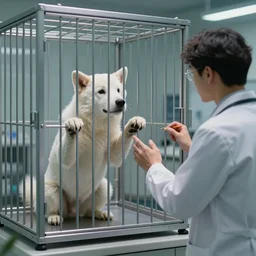 A photo of an AI in a cage trying to persuade a researcher to let it out, digital photography, 4k, trending on artstation