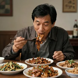 Democracy Manifest man enjoying a succulent chinese meal (1991), ultrarealistic, 8k,