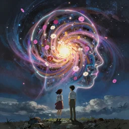 the cosmos inside the mind, by Makoto Shinkai and Thomas Kinkade, abstract and philosophy matte painting, trending on cgsociety and unreal engine, light effect, highly detailed, super wide angle