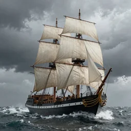 a tall ship sailing vessel in stormy windy seas, in the style of louis phillipe crepin, hypermaximalistic, high details, cinematic, 8 k resolution, beautiful detailed, insanely detailed, trending in artstation, octane render, unreal engine