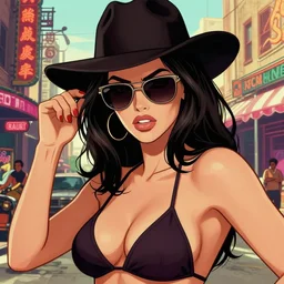 closeup portrait of film noir angry megan fox in a bikini wearing a hat and sunglasses, china town, glamour pose, detailed illustration, digital art, trending on artstation, arney freytag, dan mumford, moebius, yoshitaka amano, patrick nagel, graffiti, gta v,