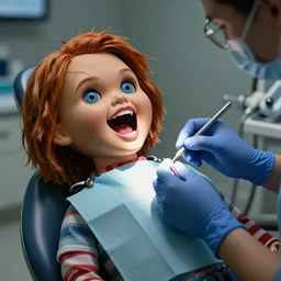chucky doll screaming at the dentist office while getting teeth cleaned