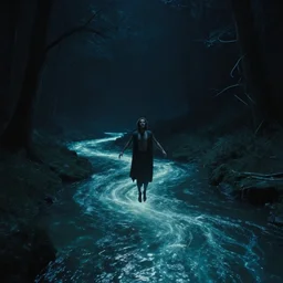 dark eerie movie frame, greek fantasy, a man floating above the magic shining river styx, at night, otherworldly, dreamlike stanley kubrick, 1 7 mm, panorama shot, surreal, deep, detailed 4 k