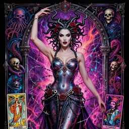 closeup portrait athena goddess gothic varga elvira barb wire megan fox maleficent roses medusa, wicca, ornate arch, energy, cthulhu, kraken, skulls, futurepunk, glamour pose, moebius, gta v, dan mumford, mucha, nagel, tarot card, d & d, neon art deco, black paper, vibrant, greg rutkowski,