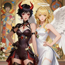 portrait of demonic woman and angelic woman, confident pose, highly saturated colors, pixie, genshin impact, intricate, elegant, sharp focus, soft bokeh, illustration, highly detailed, concept art, matte, trending on artstation, bright colors, art by wlop and artgerm and greg rutkowski, holographic undertones, mucha, giger, marvel comics and beksinski