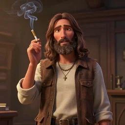 hipster jesus christ smoking a joint, pixar artstyle, wide shot, dramatic lighting, octane render, hyperrealistic, high quality, HD, cinematic