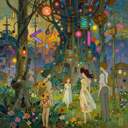 a beautiful painting of a dystopian steampunk landscape, with trees and flowers, wires hanging, different colour led lights and neon, by alfons maria mucha and julie dillon and makoto shinkai