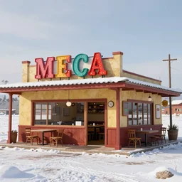 realistic exterior photo of a mexican restaurant, vaporwave, in a flat snowy field. 35mm. Very detailed 8k. Sharp. Cinematic post-processing. Unreal engine. Nanite. Ray tracing. Parallax. Tessellation