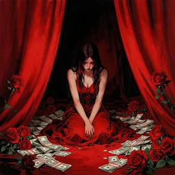 maciej kuciara art deco style of a lonely woman, surrounded by red curtains, intricate, red roses and piles of money on the ground, dark enlightenment, sad, behind the scene, by rokas aleliunas, 8 k, red and black, storyboard art, ink drawing, smooth, sharp focus, vibrant volumetric dark