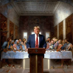 donald trump giving speech during the last supper, a painting by leonardo da vinci, ultra - detailed, 8 k