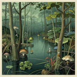 swamp with rich and very very very very very beautiful life inside zoological scientific illustration, made by Ernst Haeckel