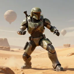 ultra realistic 3 d render of master chief on a desert planet. epic image. action pose. explosions. sunrise. canon rf 2 4 - 7 0 mm f 2. 8 l is usm