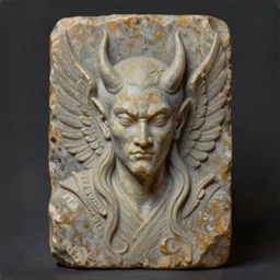 polished rectangular stone with demon wings and a subtle male demon face engraved in the stone, oil painting, detailed, realistic