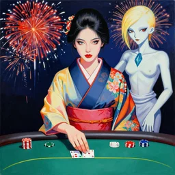 hyperrealism composition of the detailed woman in a japanese kimono sitting at a poker table with slenderman, fireworks on the background, pop - art style, jacky tsai style, andy warhol style, acrylic on canvas