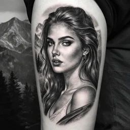 tattoo design of beautiful woman against a background of beautiful mountains and nature, in the style of den yakovlev, black and white, hyper realistic, highly detailed