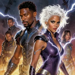 chadwick boseman black banther and halle berry as the character strom from x - men, white hair, lightning beings, epic splash cover art,, by artgerm, greg rutkowski, james gurney, alex ross