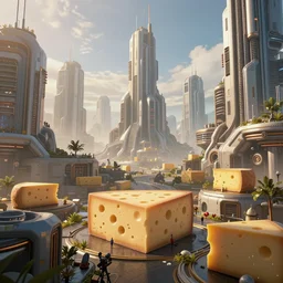 city of cheese, metropolis, urban stretching to the sky, sci fi, octane render, trending on artstation