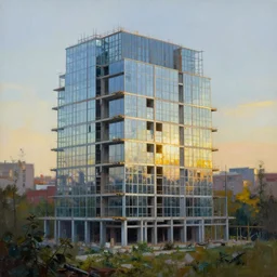 a beautiful very detailed painting of city nature town unfinished building architecture building by banksy, morning sun sunlight tron retro lightpaint wilderness hyperrealism made of glass at dawn cgsociety at dusk, archdaily, wallpaper, highly detailed, trending on artstation.