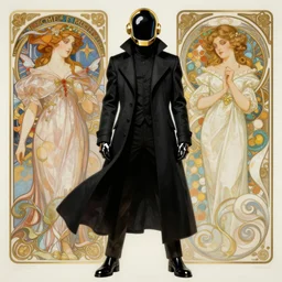 painting Daft Punk member wearing long black coat, elegant, intricate, highly detailed, digital painting, artstation, concept art, sharp focus, illustration, art by artgerm and greg rutkowski and alphonse mucha