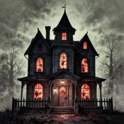 in the style of tim jacobus goosebumps, dean cornwell, spooky house, upward angle, fear street, bloody handprints