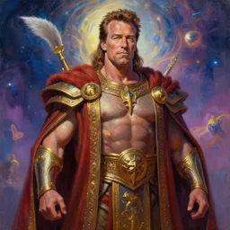 A cyborg Arnold Schwarzenegger as the tyrant emperor of the universe. Trending on ArtStation. A vibrant digital oil painting. A highly detailed fantasy character illustration by Wayne Reynolds and Charles Monet and Gustave Dore and Carl Critchlow and Bram Sels
