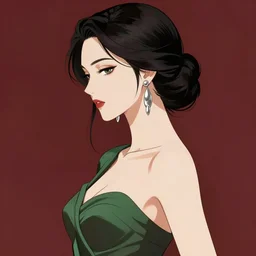 gorgeous woman with silver earrings, wearing an elegant dress, side view, red and green colors, in the style of greg rutkowski, anime artstyle, intricate