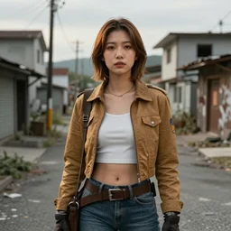 Beautiful Asian girl cosplaying as the Fallout 4 sole survivor, photographed on a slight overcast day on dilapitated street on Ikeshima island, drawn by Ross Tran Golden hour, expressive face