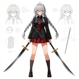 advanced digital anime characterdesign reference sheet, Girl with long braided silver hair and spectacle glasses wearing a black high school outfit and red skirt holding 5 feet scythe by Mike Inel