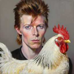 “ closeup oil painting of david bowie portrait and he ’ s hugging a white rooster ; by margaret keane. ”