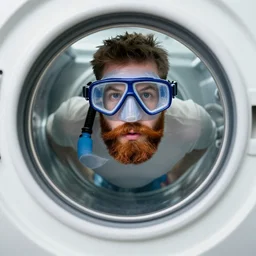 tiny bearded Canadian snorkeling inside washing machine, sports photography, detailed, 4k