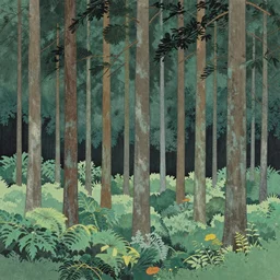 coniferous forest, summer, Hasui Kawase.
