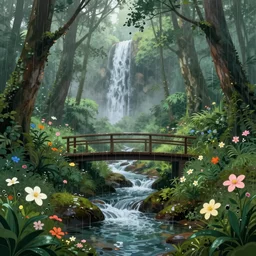 a beautiful flower in the forest, ornate, beautiful, atmosphere, vibe, mist, rain, wet, puddles, waterfall, clear stream, bridge, forest, flowers, concept art illustration, color page, tone mapping, akihiko yoshida, james jean, andrei riabovitchev, marc simonetti, yoshitaka amano, digital illustration, greg rutowski,