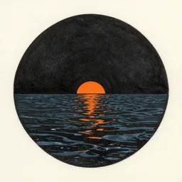the sea of sadness, a circular black void in the sea, a single line of orange sunset, crushing despair, a photograph of a two color woodcut print with ink on textured paper