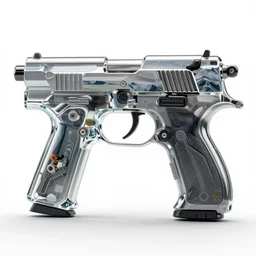 glass sci-fi blaster pistol, commercial catalog photo, isolated on a pure white background, centered, entire object in frame, sharp focus, soft studio lighting