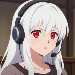 anime film portrait of a cute girl, with red eyes!!!! and long white hair!!!! wearing a headset in her room interior, finely detailed face, anime art by ilya kuvshinov, kyoani, yoshinari yoh, headshot, ambient lighting, cinematic still,