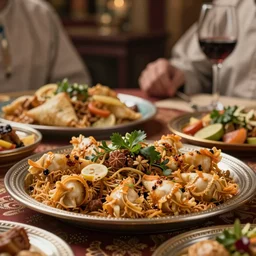 close - up focused dslr photograph of an omani dinner, 8 k, high detail, volumetric lighting, hyperrealism, aesthetically pleasing, studio lighting, trending