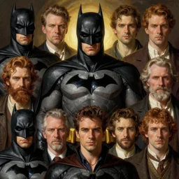 portrait of the different styles of batman in the style of wayne barlowe, gustav moreau, peter mohrbacher, bussiere, roberto ferri, santiago caruso, luis ricardo falero, austin osman spare