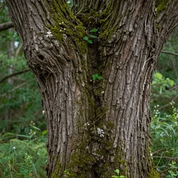 female curves and shapes into a detailed bark of an old tree with moss and leaves