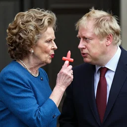 Margaret thatcher hitting Boris Johnson with a phallic symbol, unreal engine, highly detailed
