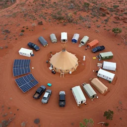 aerial drone photograph of a small dense clustered circular campsite on the transition of the australian red desert with pickup trucks, large solar array, large circular teepee tent in the center, water silo, diversely coloured and shaped tents, shower facilities and prefab medical center