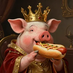 pig wearing gold crown eating hot dog, Realistic, Regal, Refined, Detailed Digital Art, Michael Cheval, Walt Disney (1937), François Boucher, Oil Painting, Steampunk, Highly Detailed, Cinematic Lighting, Unreal Engine, 8k
