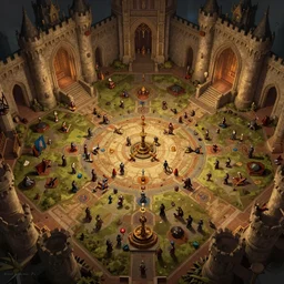 wide establishing shot of a dungeons and dragons battle map, top view of a castle great hall, dynamic composition, dramatic lighting, trending on artstation, digital art, stylized painting