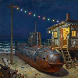 painting by dean cornwell, ilya repin, nc wyeth painting, ultra wide, vanishing point, 3 d perspective, beached gundam submarine, award winning, up close, climbing, beaching, rust, midnight, junk town, lanterns, makeshift house, colorful lightbulb festoon lights, telephone pole