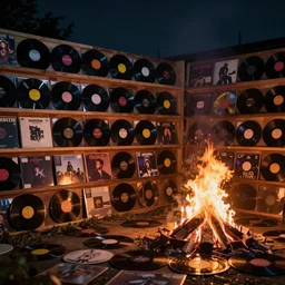 a photo of a bonfire of vinyl records at night