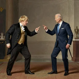 Boris Johnson and Joe Biden in a duel, 1800s art
