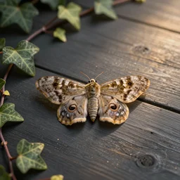 moth on a dark grey wooden table with ivy, matte painting, from above, dust falling, studio lighting, desktop wallpaper, golden hour, 8k, 4k, artstation, award winning shot
