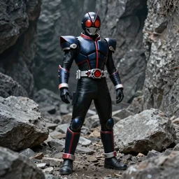High Fantasy Kamen Rider standing in a rock quarry, single character full body, 4k, glowing eyes in helmet, rock quarry location, daytime, black rubber suit, pvc armor, dark blue with red secondary color armor, biomechanical, ultra realistic, moody colors, octane render, Horizon Zero Dawn Cinematography